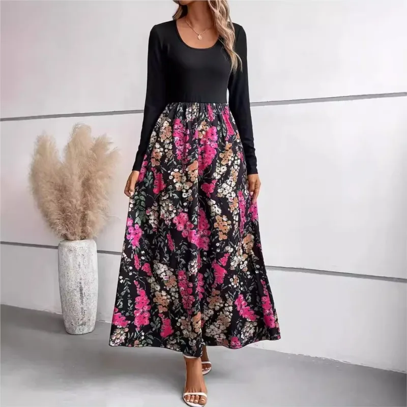 Moda Vintage Floral Dress Women Sundress 2024 Autumn Casual Long Sleeve Maxi Long Vestidos Female A Line Patchwork Robe Dress