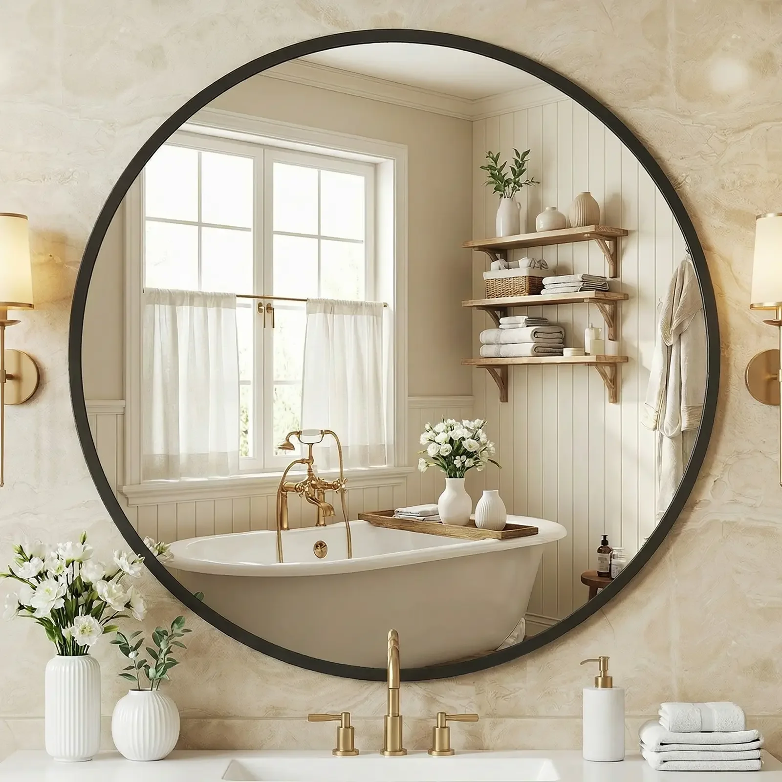 Round Bathroom Mirror, Wall Mounted, Aluminium Frame, with Hook, Space Saving, for Home Room Decor
