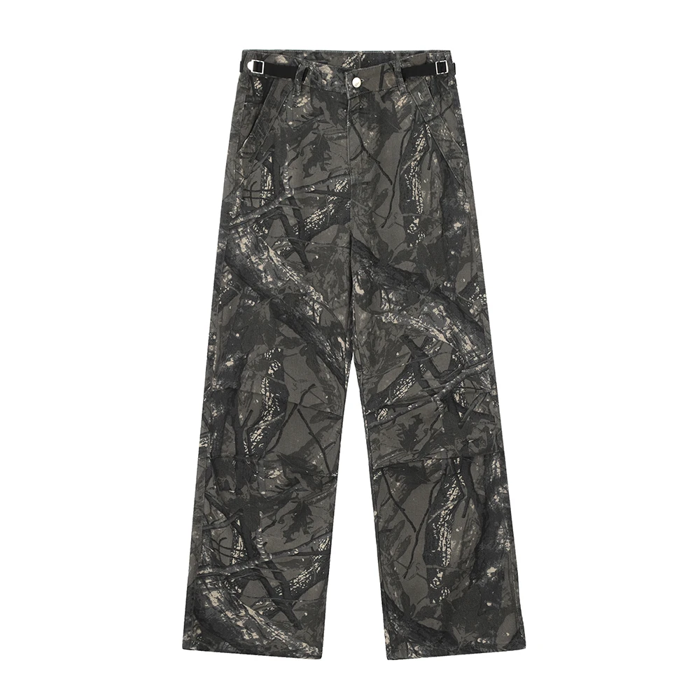 

Knee Pleated Branches Print Black Camouflage Cargo Pants for Men and Women Patchwork Baggy Trousers Oversized Loose Jeans