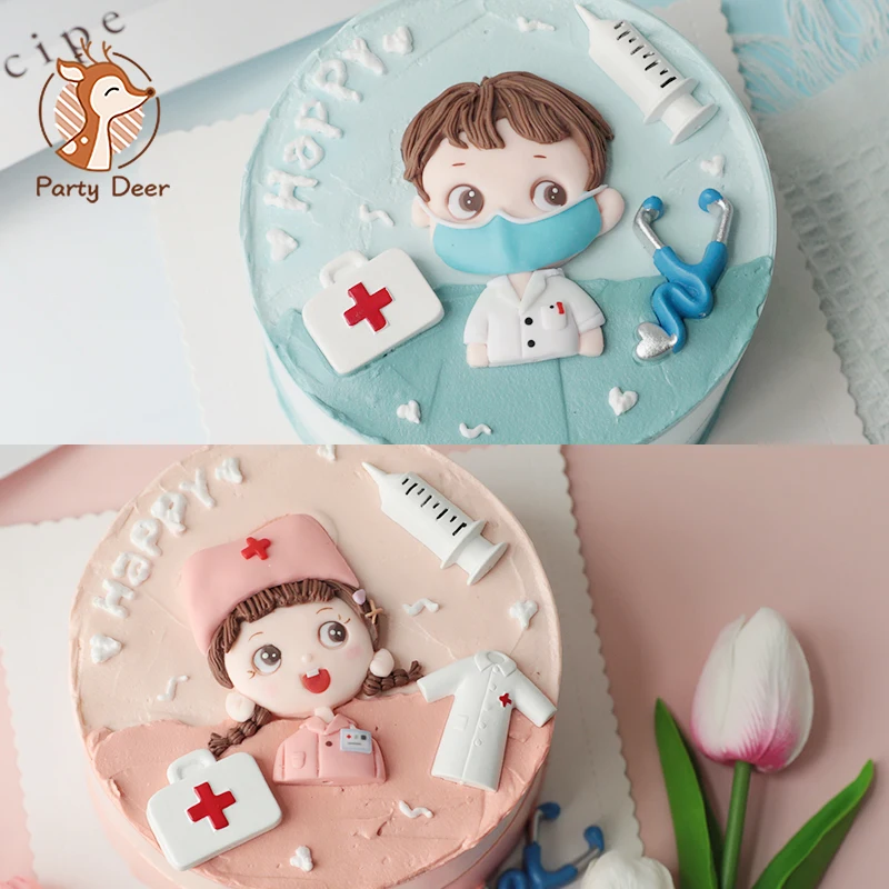 Doctor Nurse's Day Cake Topper Doll Toy Medicine Box Syringe Nurse Clothe Stethoscope Festival Birthday Decor Baking Supplies