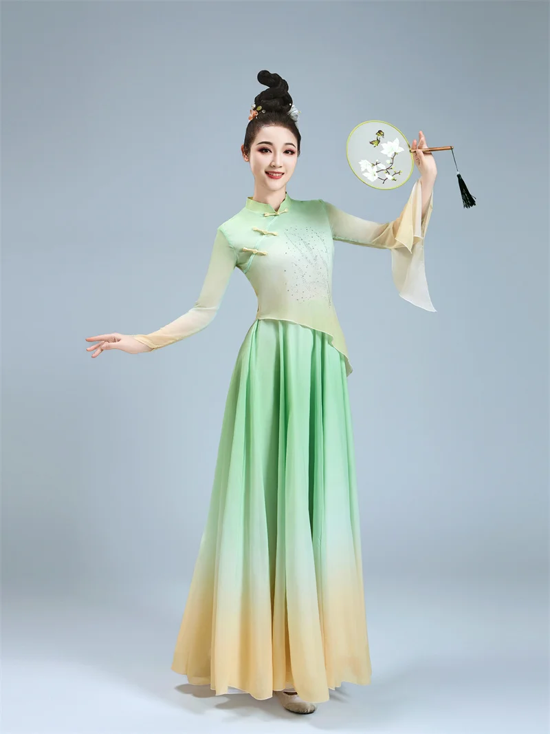 Modern Hanfu Women Chinese Folk National Dance Costume 2 Piece Long Sleeve Top Swing Circle Skirt Gradient Color Body Rhyme 3XL