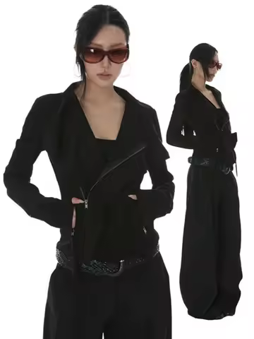 Vintage Turn Down Collar Cropped Jackets Women Harajuku Punk Slim Fit Coat Streetwear Pocket Zipper Y2k Aesthetic Grunge Outwear