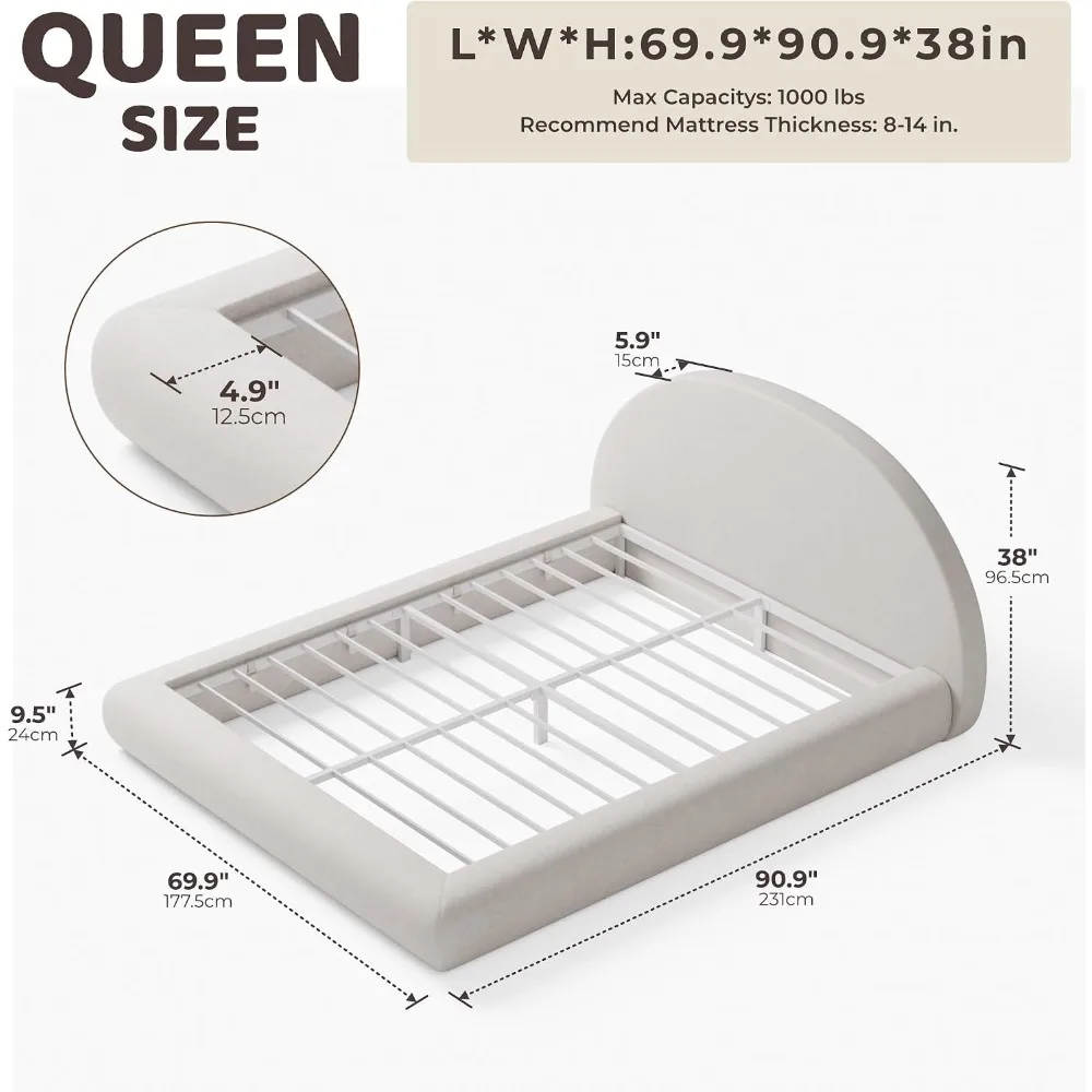 RECCI AirFrame Half-Moon Upholstered Queen Platform Bed Frame, No Box Spring Needed