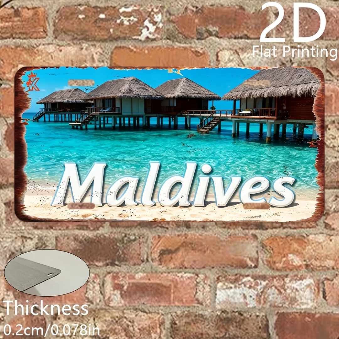 2D Flat, 2D Flat Printing, 1pc, Retro Aluminum Plate, Decorative Plaque & Statues (6.0inch X 12.0inch), Maldives, Retro Home Dec