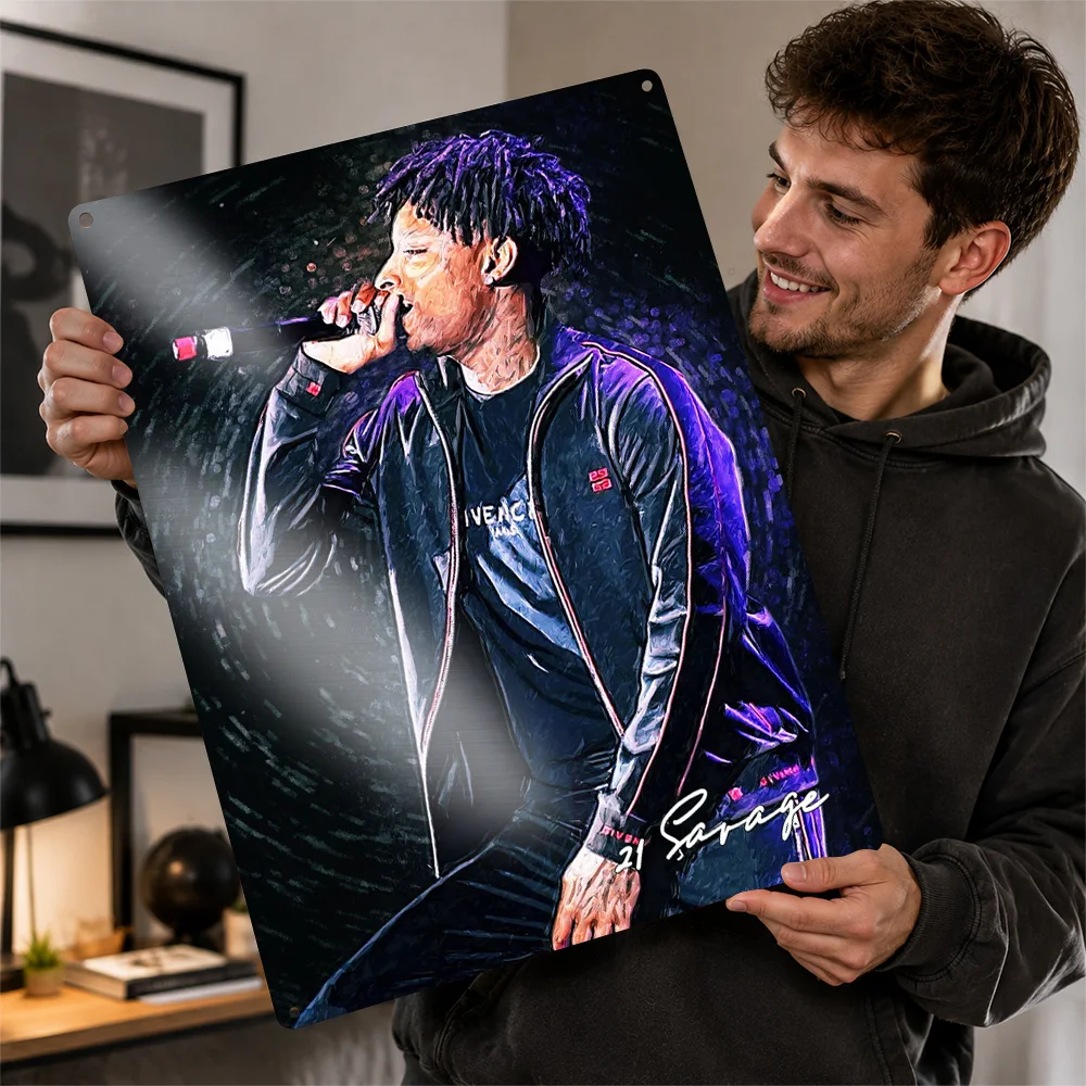 21 Savage Stage Singer Portrait Textured Metal Poster Painterly Wall Art For Music Studio Personalized Aluminum Sign Fan Gift