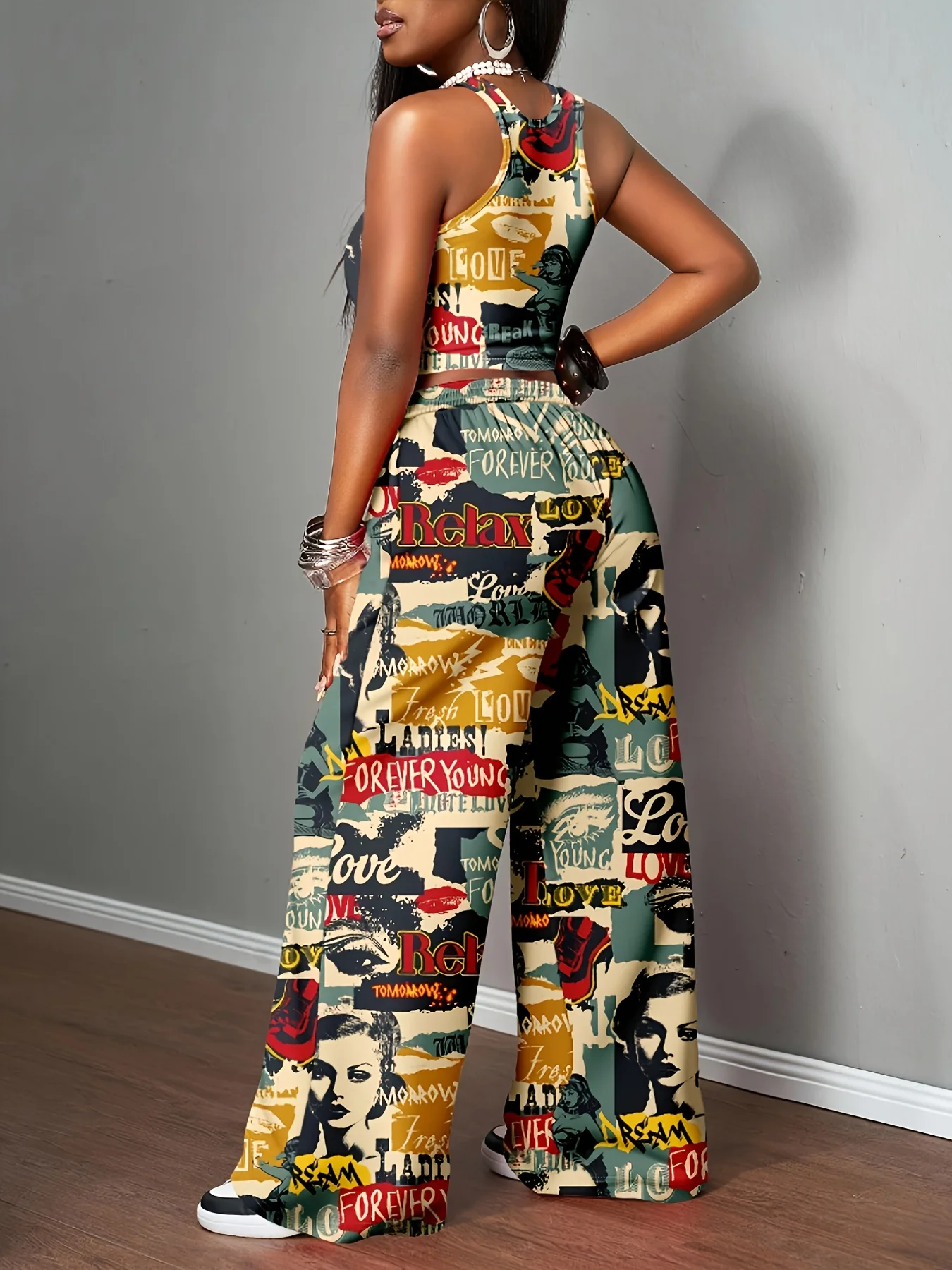 2026 Summer Women's Vintage Poster Print Wide Leg Pants Quick Dry Comfortable Loose Casual Streetwear Drawstring Kids Trousers