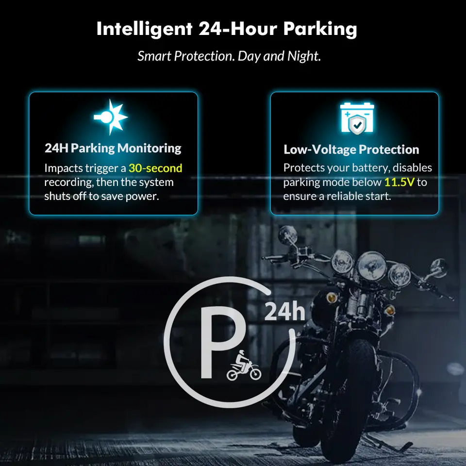 كاميرا دراجة نارية مزدوجة 2K أمامية وخلفية مقاومة للماء، DVR دراجة نارية مع 5GHz WiFi، GPS، وضع انتظار 24 ساعة، رؤية ليلية فائقة - 5
