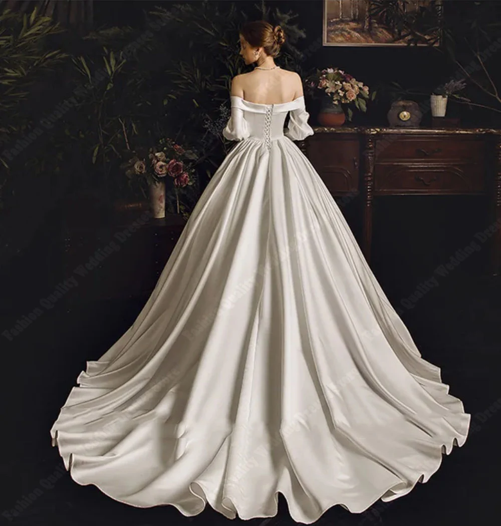 Quality Satin Women Wedding Dresses Smooth One-Shoulder Bridal Gowns New Formal Fluffy Skirt Hems Floor Mopping Vestido De Novia