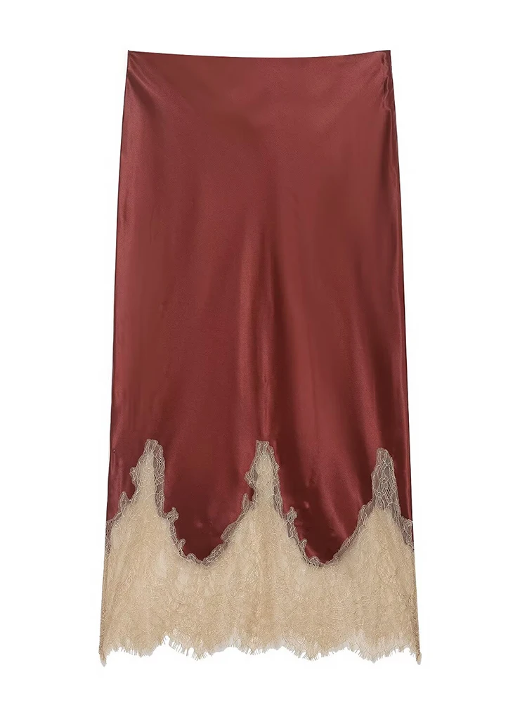 여성 랩 스커트 2025 여성 가을 패션 솔리드 컬러 새틴 레이스 스플라이스 하이 웨이스트 스커트 여성 우아한 파티 스커트