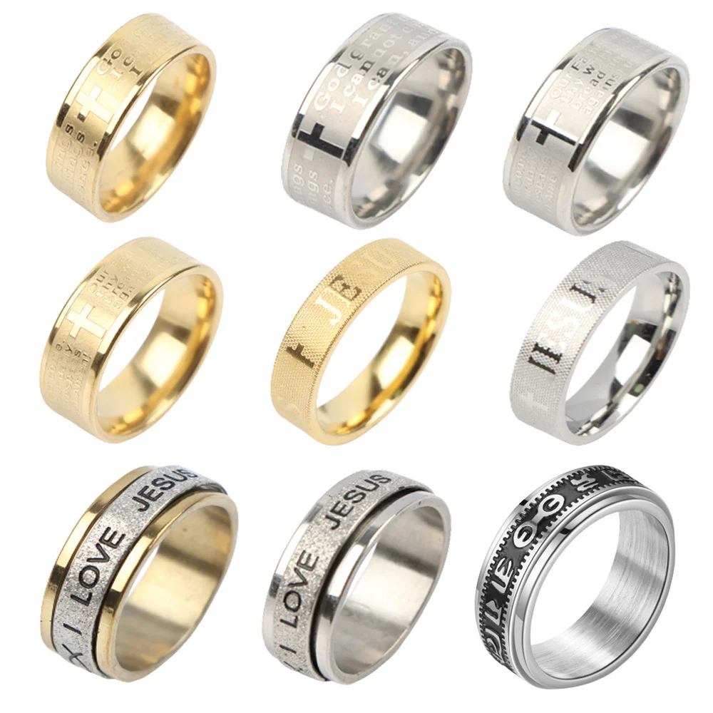 Bible Jesus Cross Stainless Steel Ring For Men Women Religious God Letter Father Prayer Rotatable Stylish Jewelry Party Gifts