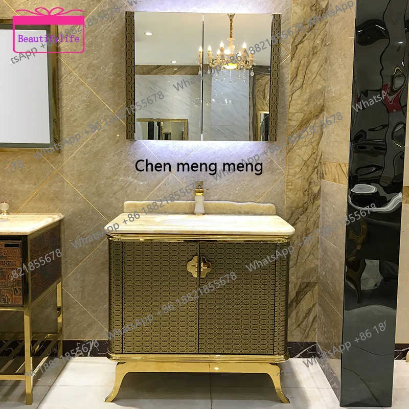 YL Toilet bathroom cabinet combination stainless steel washbasin natural marble mirror cabinet