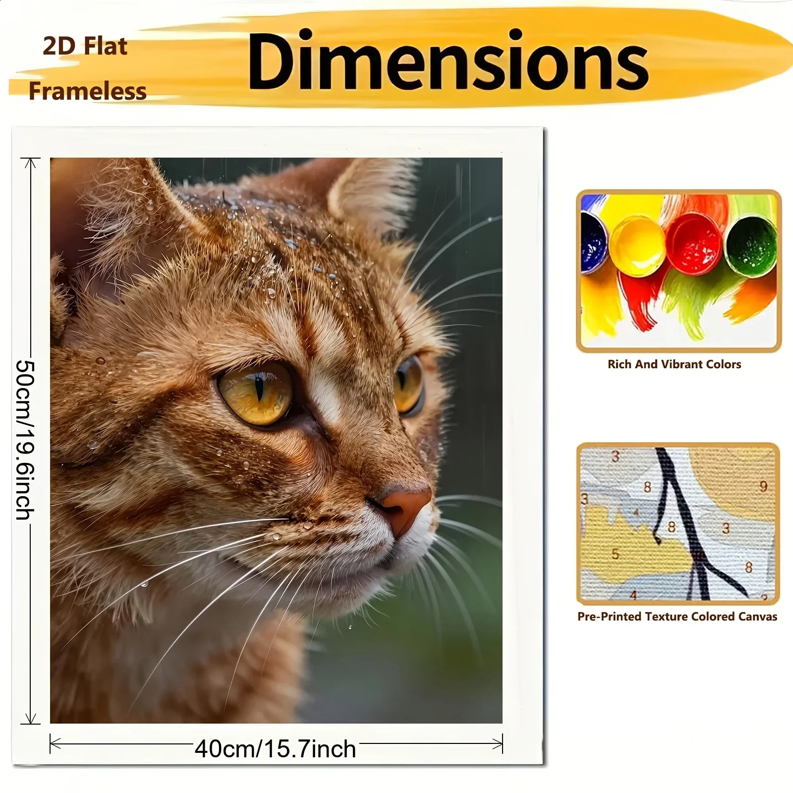 [2D Flat Frameless][Professional Art Use] 1pc Beginner-Friendly Adult Digital Painting Kit, Close-Up of Orange Cat in Rain with