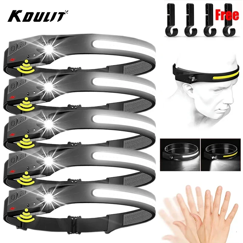 Sensor Headlamp LED Head Flashlight Rechargeable Headlight Head Torch Built-in Battery 5 Lighting Modes Fishing Camping Lantern