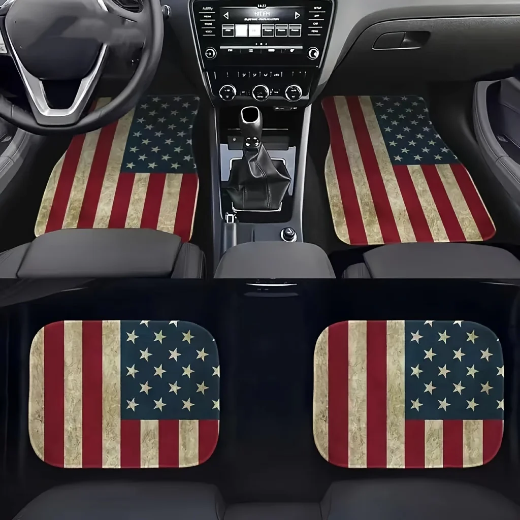 4pcs Set American Flag Car Floor Mats, Polyester Fiber, Non-Slip, Water-Resistant, Easy-Clean, Patriotic Vehicle Mats For Front