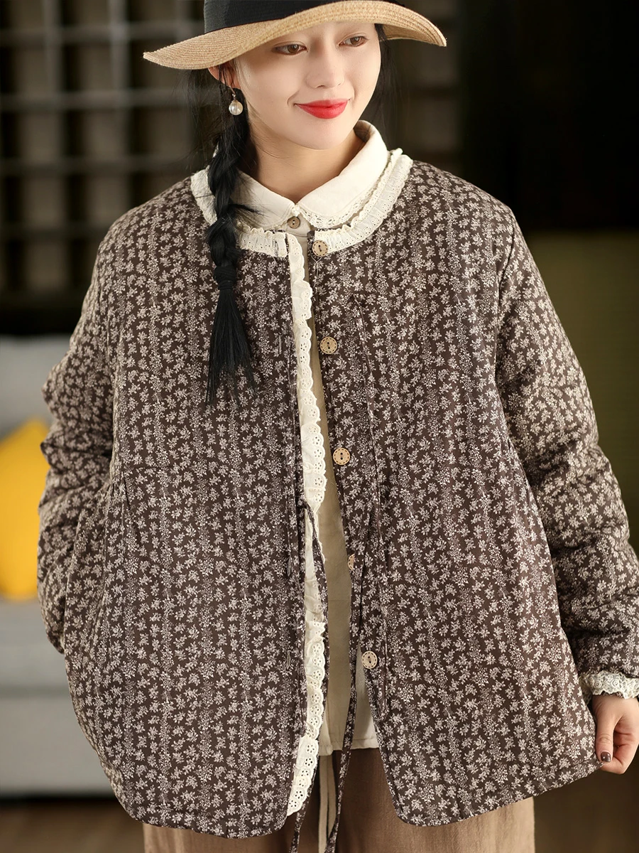 

Thiened Pure Cotton Floral Print Women's Jaet with Belt Warm Cotton Clothes Spring Autumn Winter Seasonal Clothing