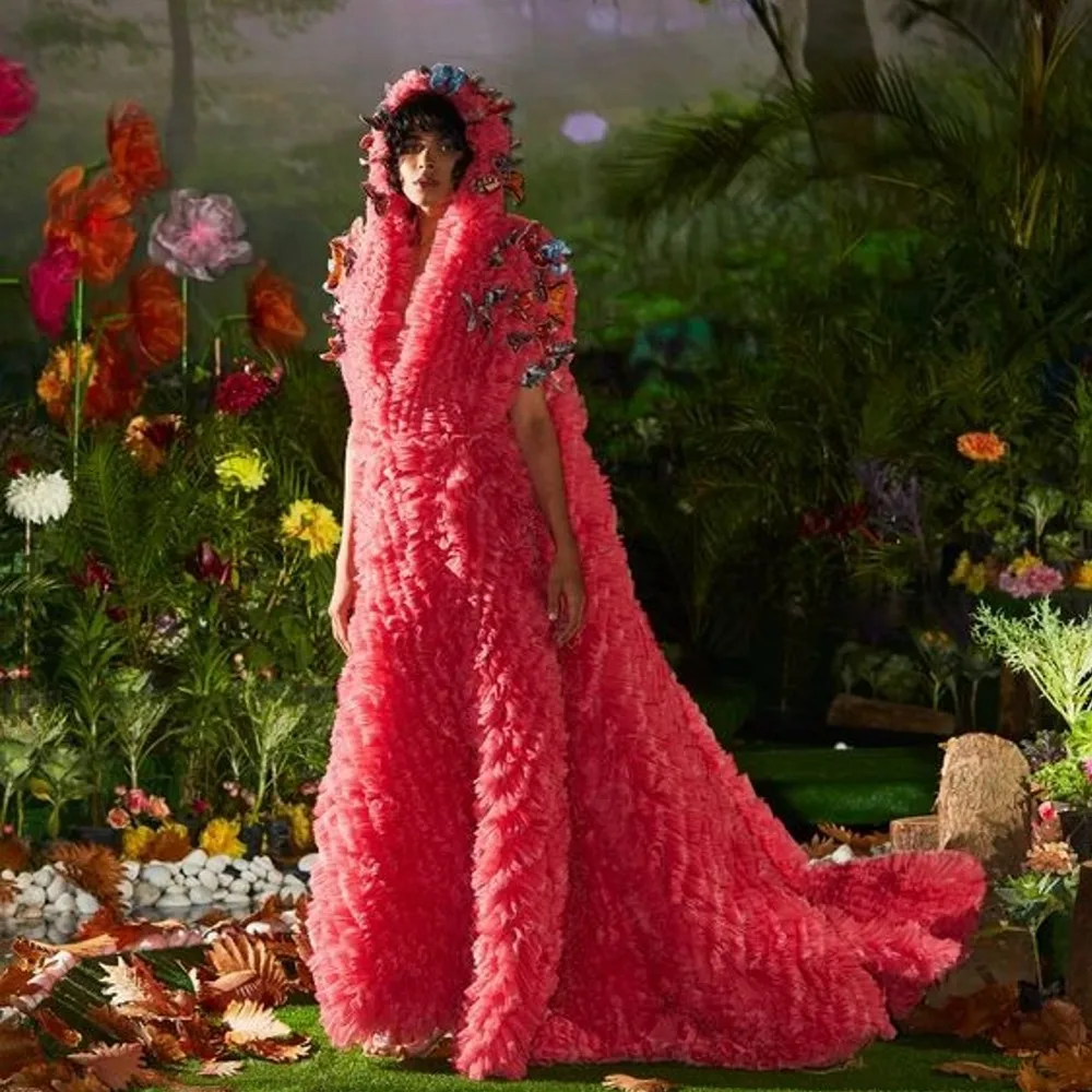 

New Couture Watermellon Ruffles Trimmed Tulle Long Jackets With Hoodies And Butterfly Long Cape Robe Tutu Tulle Maxi Gowns