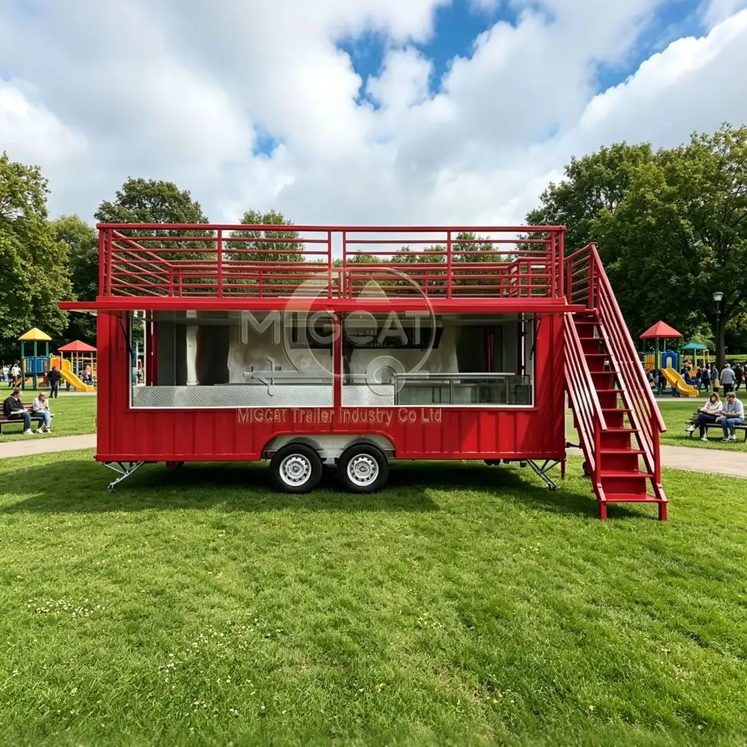 2-Level Red Mobile Food Trailer Double Deck Food Truck with Balcony for Fast Food Outdoor Events