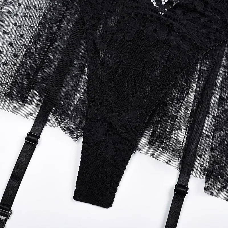 منامة وسراويل داخلية تنورة ملابس داخلية مثيرة دانتيل أسود شفاف طقم قميص قصير بقصة ضيقة يشمل ملابس مثيرة من قطعة واحدة مشد