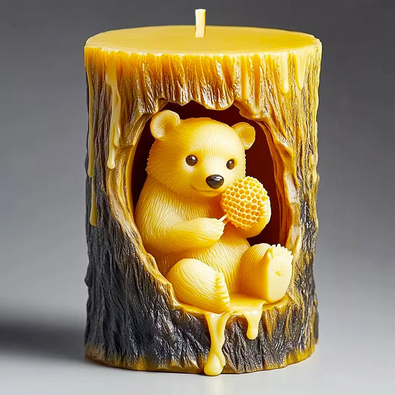 Relief Honey Bear Cylinder Candle Silicone Mold Embossed Bee Bear Cylinder Candle Mold DIY Aromatherapy Gypsum Epoxy Resin Mould