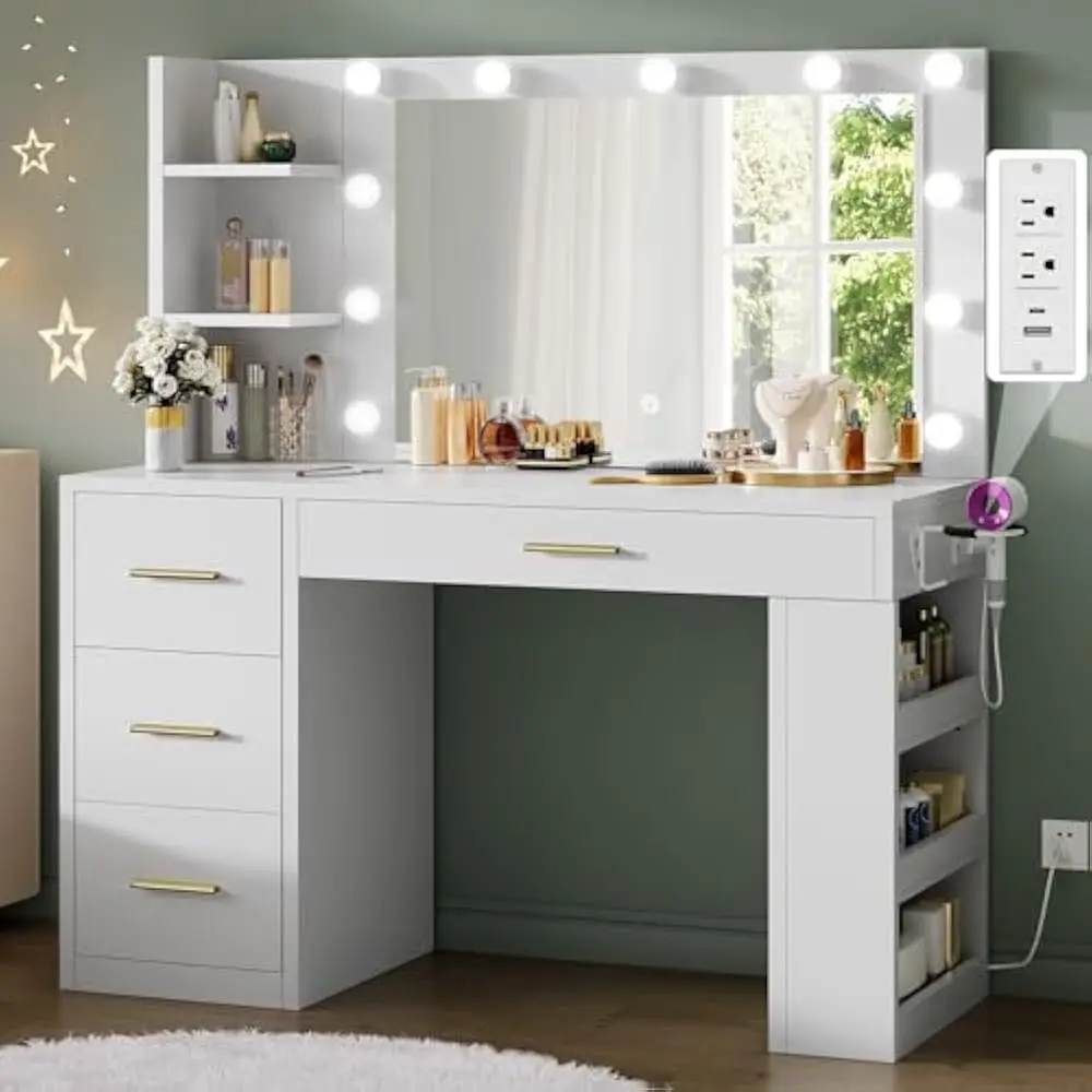 

LED Makeup Vanity Desk with 4 Drawers & 6 Open Storage Shelves, Adjustable Brightness Dressing Table with Power Outlets & Mirror