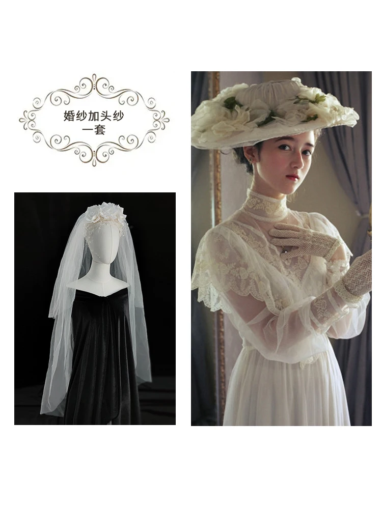 فستان نسائي طويل الأكمام من الفيكتوري من العصور الوسطى ، فستان زفاف مع الحجاب ، ثوب زفاف ، رقبة عالية ، تول ، زي خشبة ، أبيض