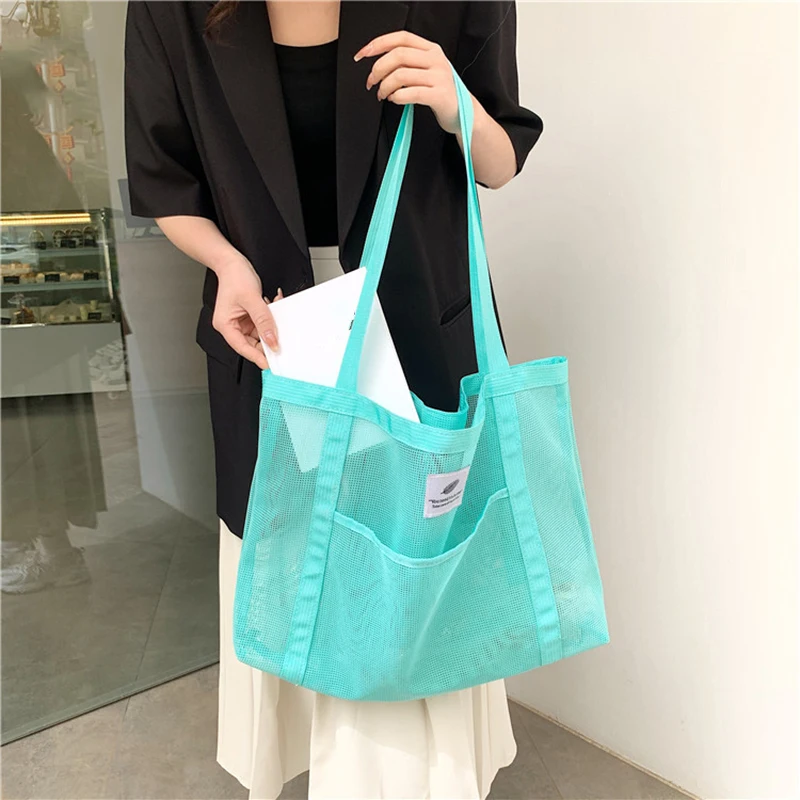 Women Transparent Mesh Shoulder Bag Fashionable Portable Shopping Travel Beach Mesh Net Tote Handbag