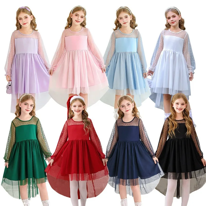 

New Lace Long-sleeved Girls' Dresses Dressy Mesh Princess Dresses Children's Christmas Show Clothes Dresses