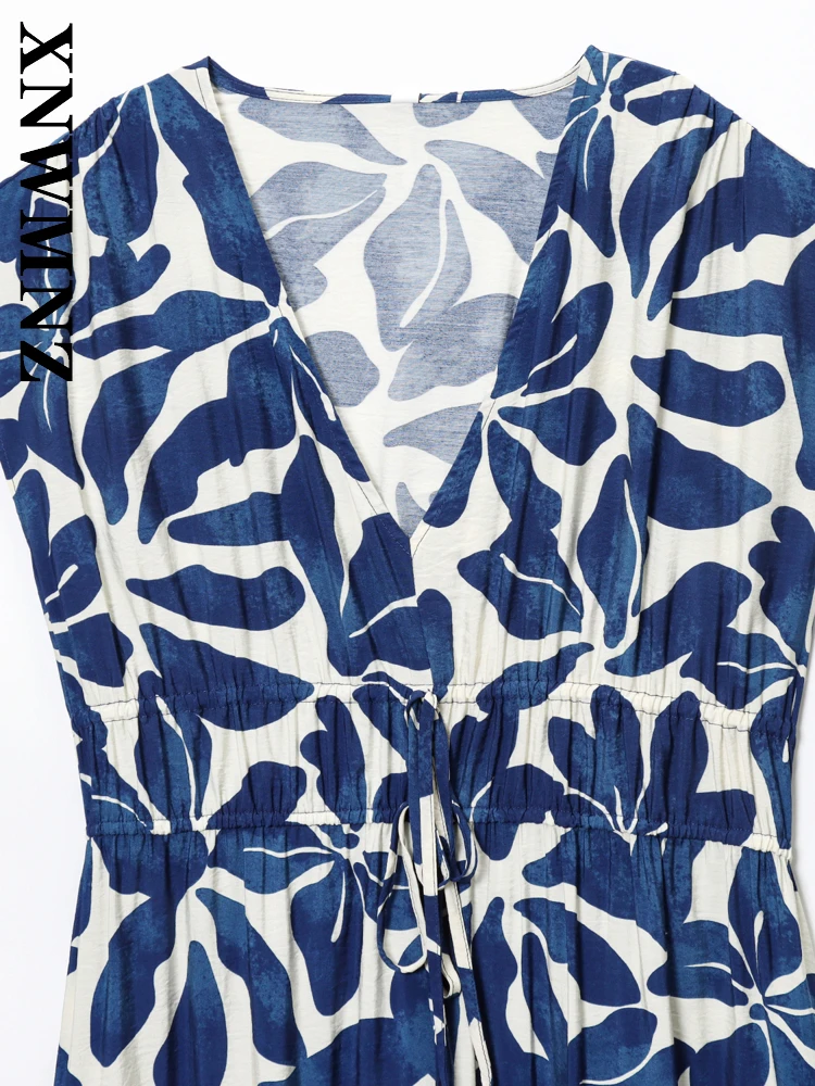 XNWMNZ 2025 Summer Women Clothing Holiday Chic V-Collar Sleeveless midi Dress boho Fashion Woman wrinkle Floral Dresses