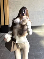 Retro High-End Faux Leather Fur Knitted Jacket Young Women's Fashion Spring Warm Color Whole Skin Type Body Fit