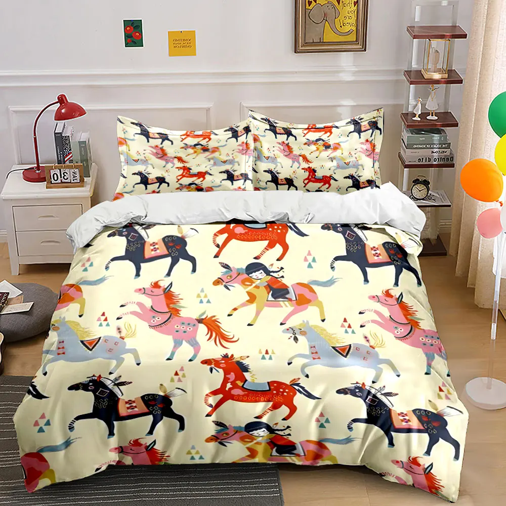 Colorful Horse Pattern Decor Set Bedding Set with 1 Duvet Cover 2 Pillowcases Single Double King Queen, Gift