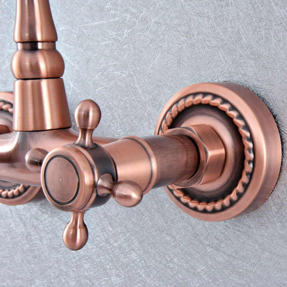 Antique Red Copper Brass Wall Mounted Two Handles Levers Bathroom Kitchen Sink Faucet Mixer Tap Swivel Spout asf859