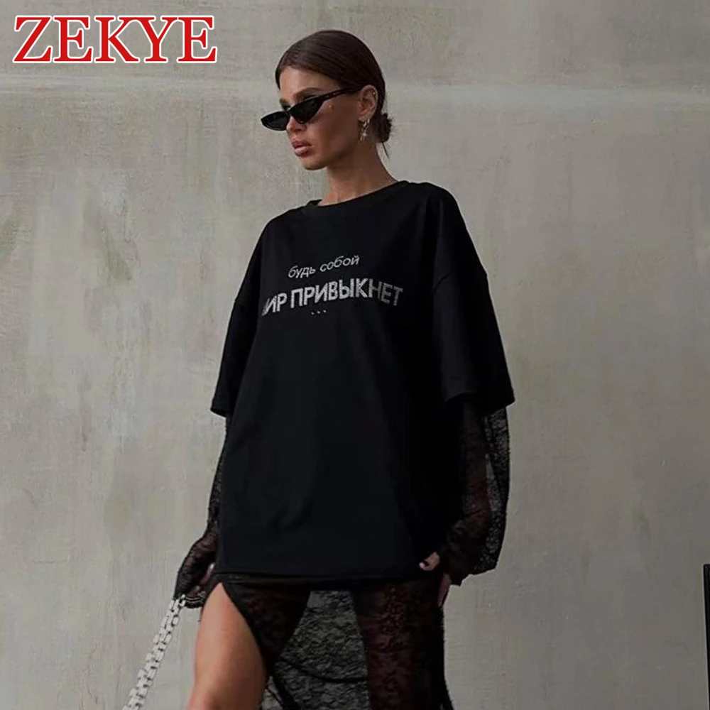 Zekye Summer Oversized Black T Shirts For Woman Luxury Rhinestone Letter Chic Casual O Neck Goth Loose Basic Tee Shirt Harajuku