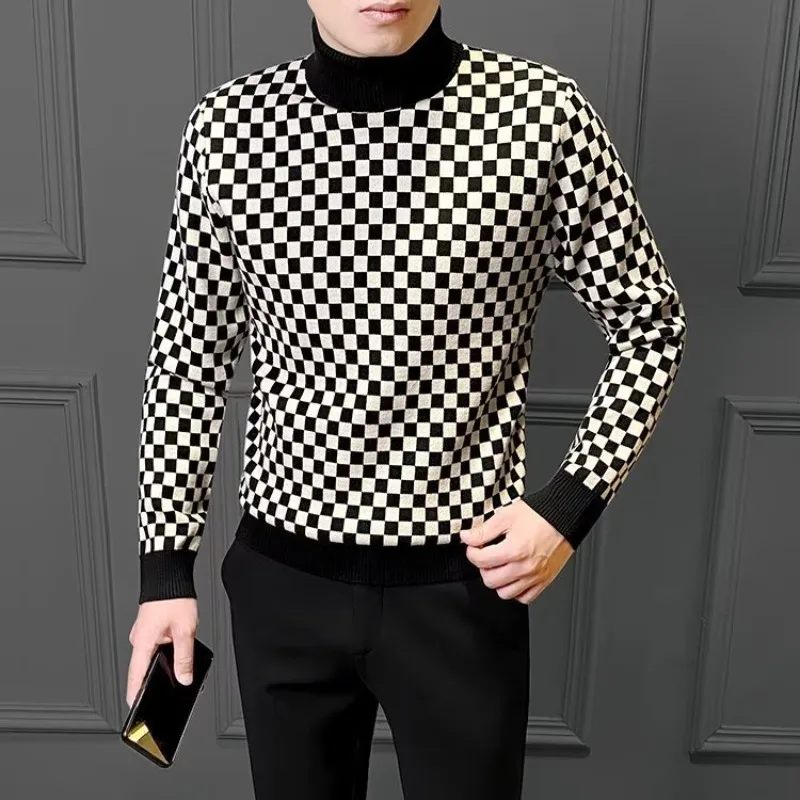 Pullover Man High Collar Knitwear Vintage Original Designer Cable Harajuku Aesthetic Woven Casual Plaid Knitted Sweaters for Men