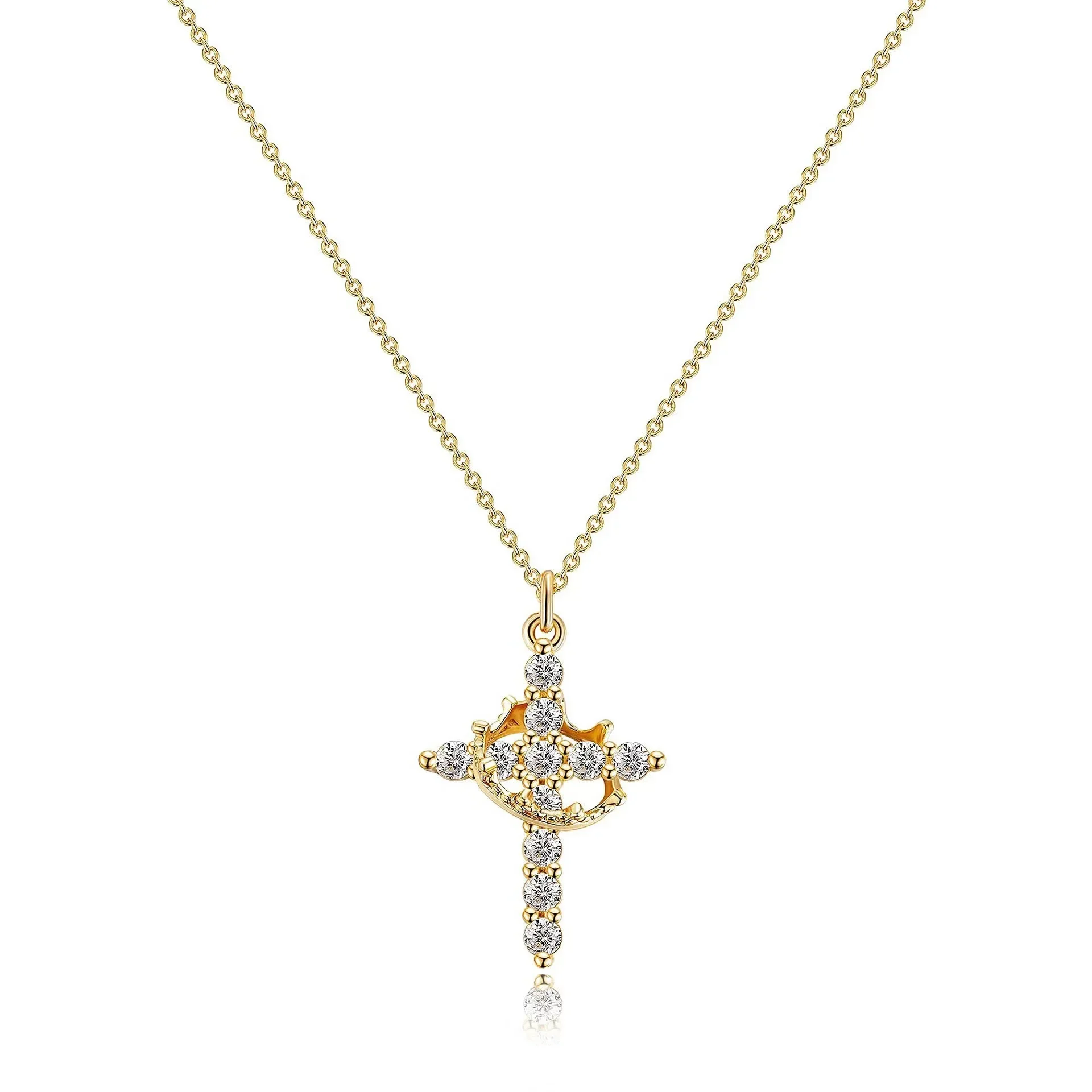 

European and American 18K gold-plated rotatable crown necklace, zircon simple cross pendant,