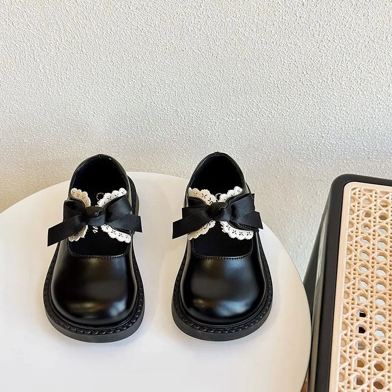 

Korean Forest Style Black Leather Girls' Shoes 2026 Autumn Single Bowknot Princess Shoes for Children