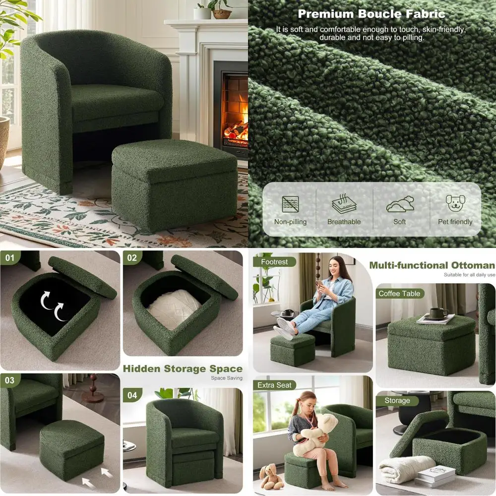 كرسي عثماني للتخزين منجد باللون الأخضر من EluChang مع ذراع أسطواني ومسند للقدمين، كرسي جانبي حديث لغرفة المعيشة
