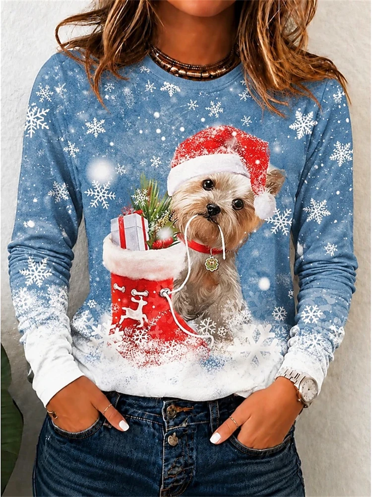 Women’s Christmas Long-Sleeve T-Shirt Cute Dog and Snowflake Print Crew-Neck Pullover Loose-Fit Casual Top for Holiday Parties