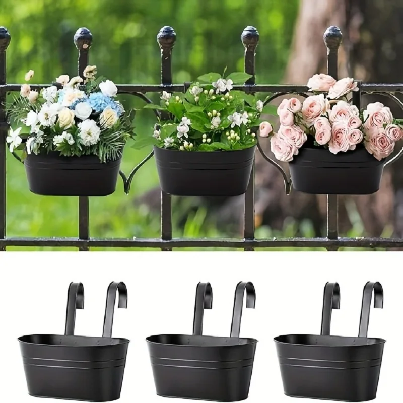 

Iron Hanging Flower Pots Hanging Planters for Outdoor Plants Metal Railing Fence Planter with Drainage Holes and Hooks