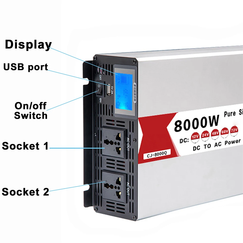 Imagem -04 - Inversor de Onda Senoidal Pura Conversor de Freqüência Tomada Dupla com Usb 12v 24v 48v 60v 72v para 220v ac 60hz 6000w 8000w