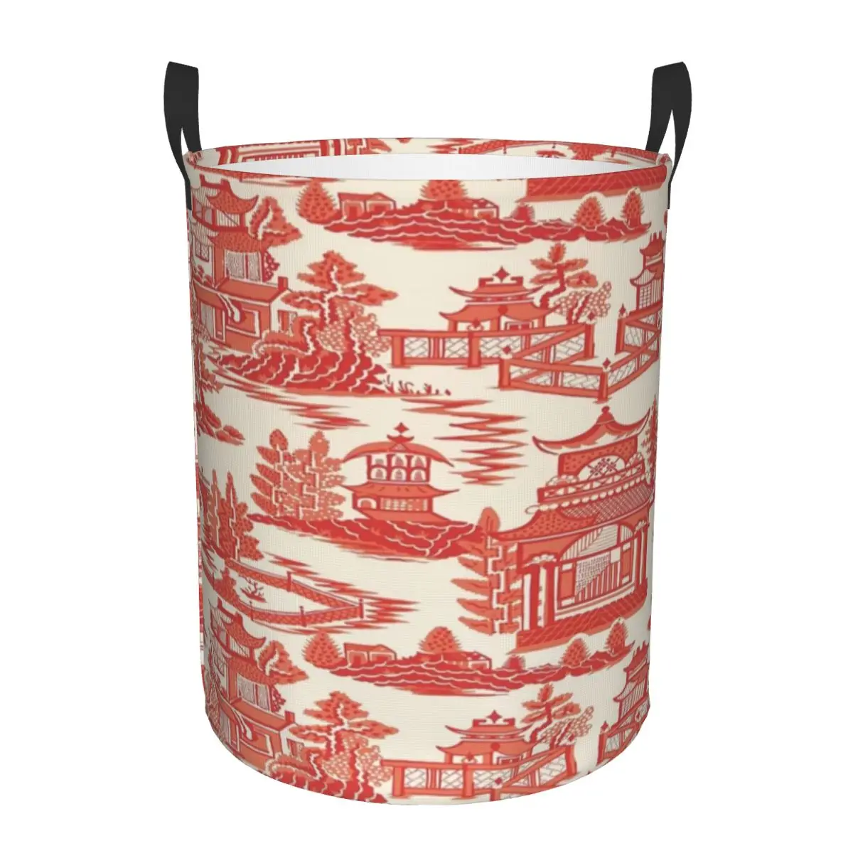 Custom Nanjing Pagoda Tea Garden Chinoiserie Laundry Basket Collapsible Red Coral Floral Clothes Hamper for Toys Storage Bag