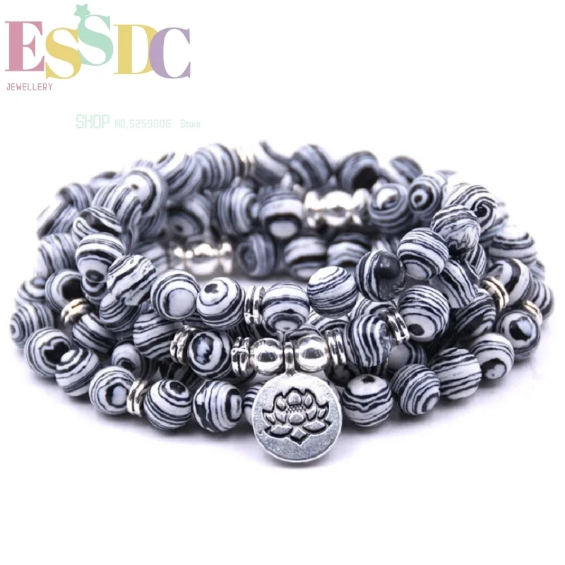 

New Arrival Genuine Black White Malachite 108 Mala Chakra Healing Jewelry Trendy Natural Stone Men's Bracelet