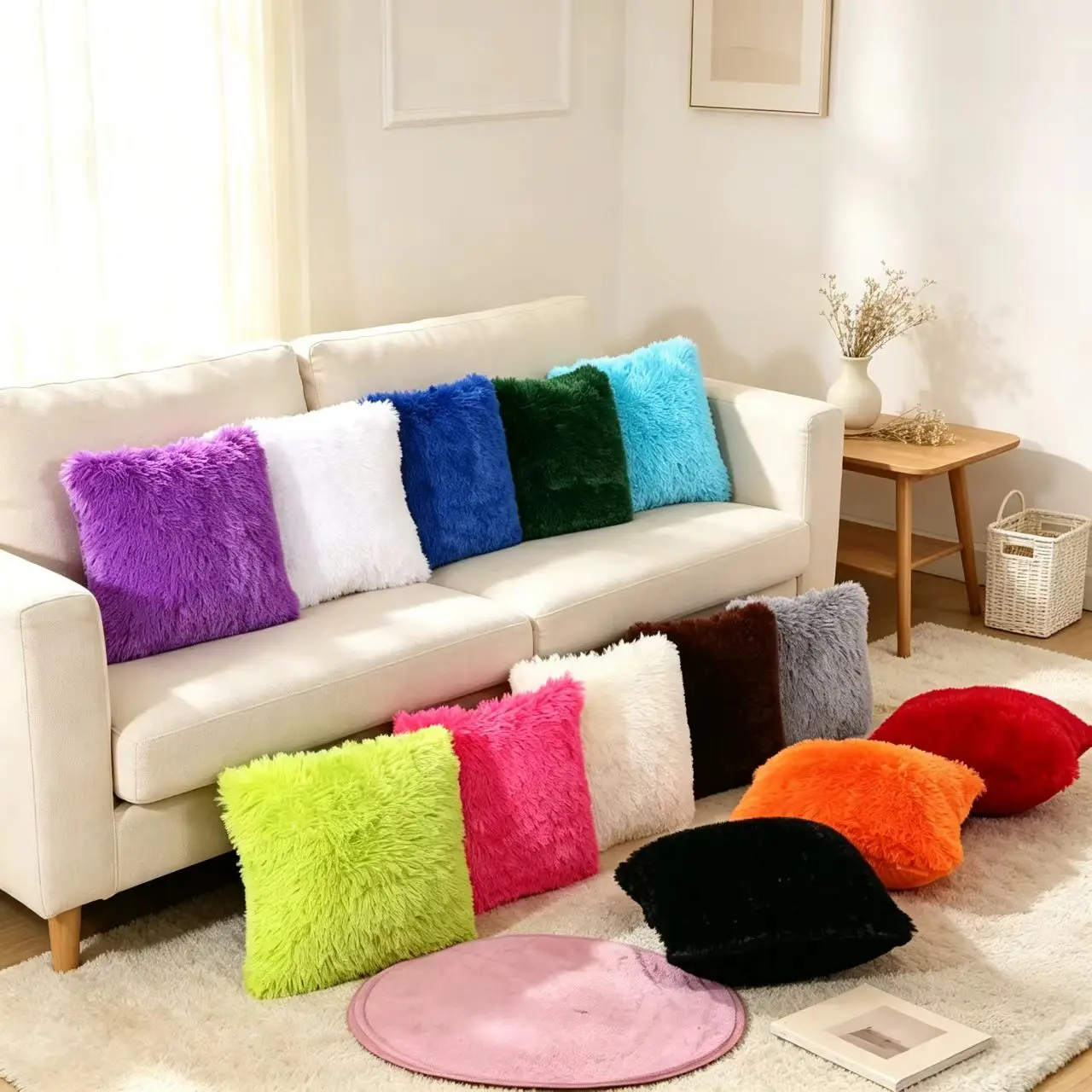 3 Pack Faux Fur Fluffy Pillow Covers Solid Plush Cushion Case 45x45CM Warm Sofa Bed Living Room Decor Pillowcase No Filler