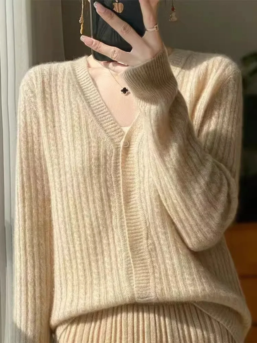 

Женский кардиган из чистой шерсти с V-образным вырезом, осенне-зимний вязаный свитер, верхняя одежда с мелким узором, для повседневной носки, с длинными рукавами