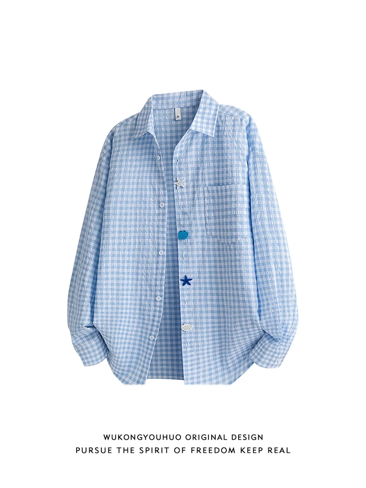 

Trendy seersucker plaid design sense long-sleeved shirt men's and women's loose couple versatile casual shirt