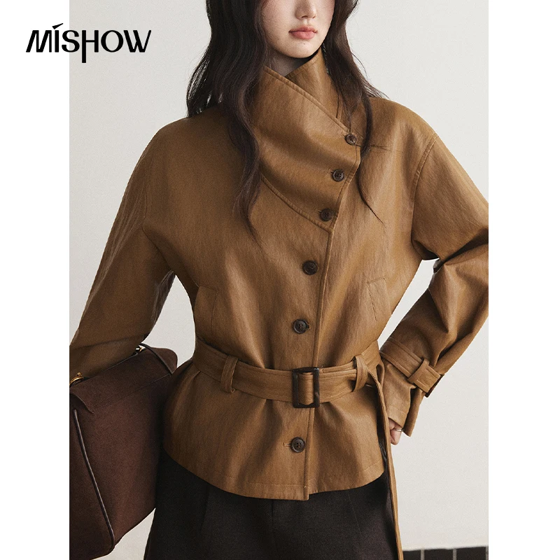 MISHOW Women's Leather Fur Coats Vintage Asymmetrical Placket Cinched Waist Outerwear 2026 Fall Slim Commuter Clothes MXF48W1142