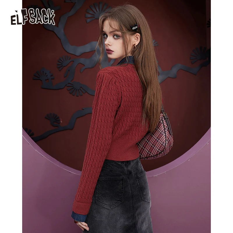 ELFSACK Fake Two Pieces Pullover Woolen Sweaters Women 2023 Winter Polo Neck Basic Daily Tops