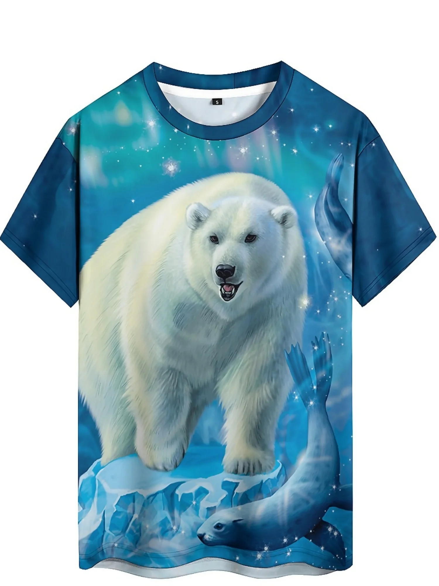 Men'S Plus Size Polar Bear 3D Print T-Shirt - Cool Hip-Hop Style, Blue Arctic Scene with Glacier & Foliage, Short Sleeve