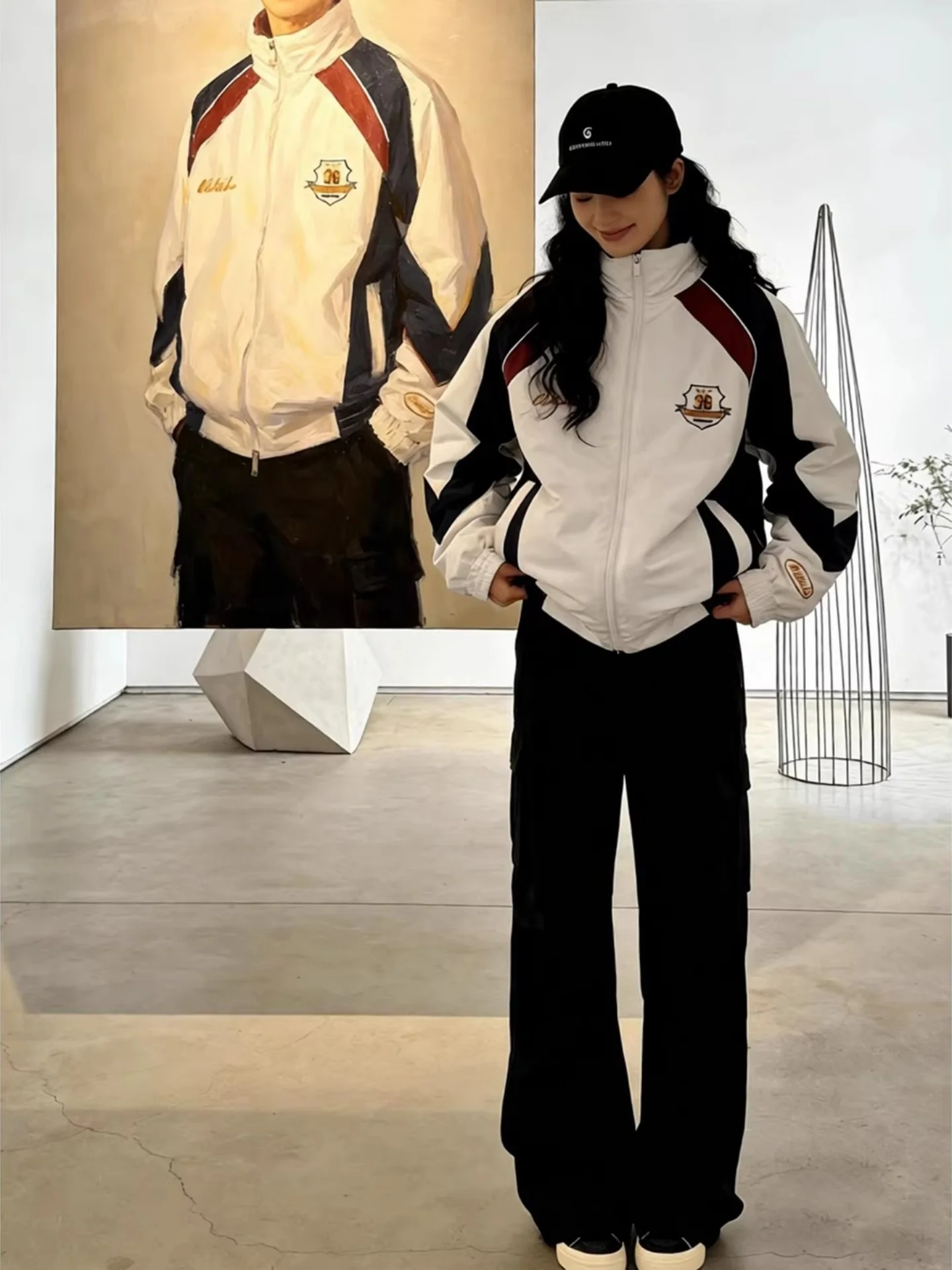 

Thiened American ort Splice Embroidery Motorcycle Cotton Jaet Men Winter Trendy Brand Stand Collar Couple Bread Coat