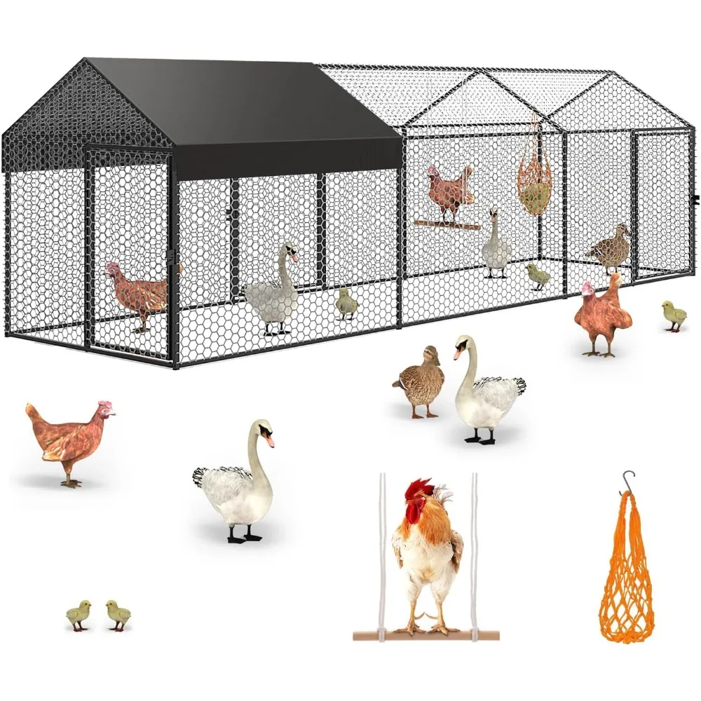 

Large Metal Chicken Coop Run with Cover 120" L×40" W×40" H Portable Poultry Cage Hen House Outdoor Backyard Farm Animal Enclosur