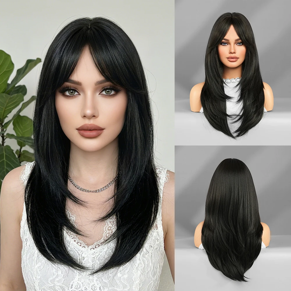 

Long Straight Black Wigs for Women Layered Cut with Curtain Bangs Synthetic Natural Fake Hair Replacement Daily Use